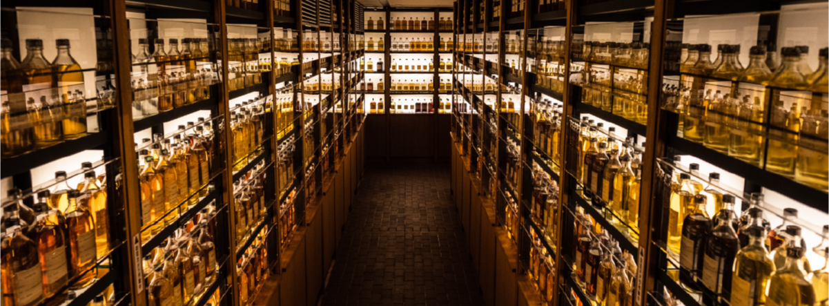 Distillery bottles on shelves